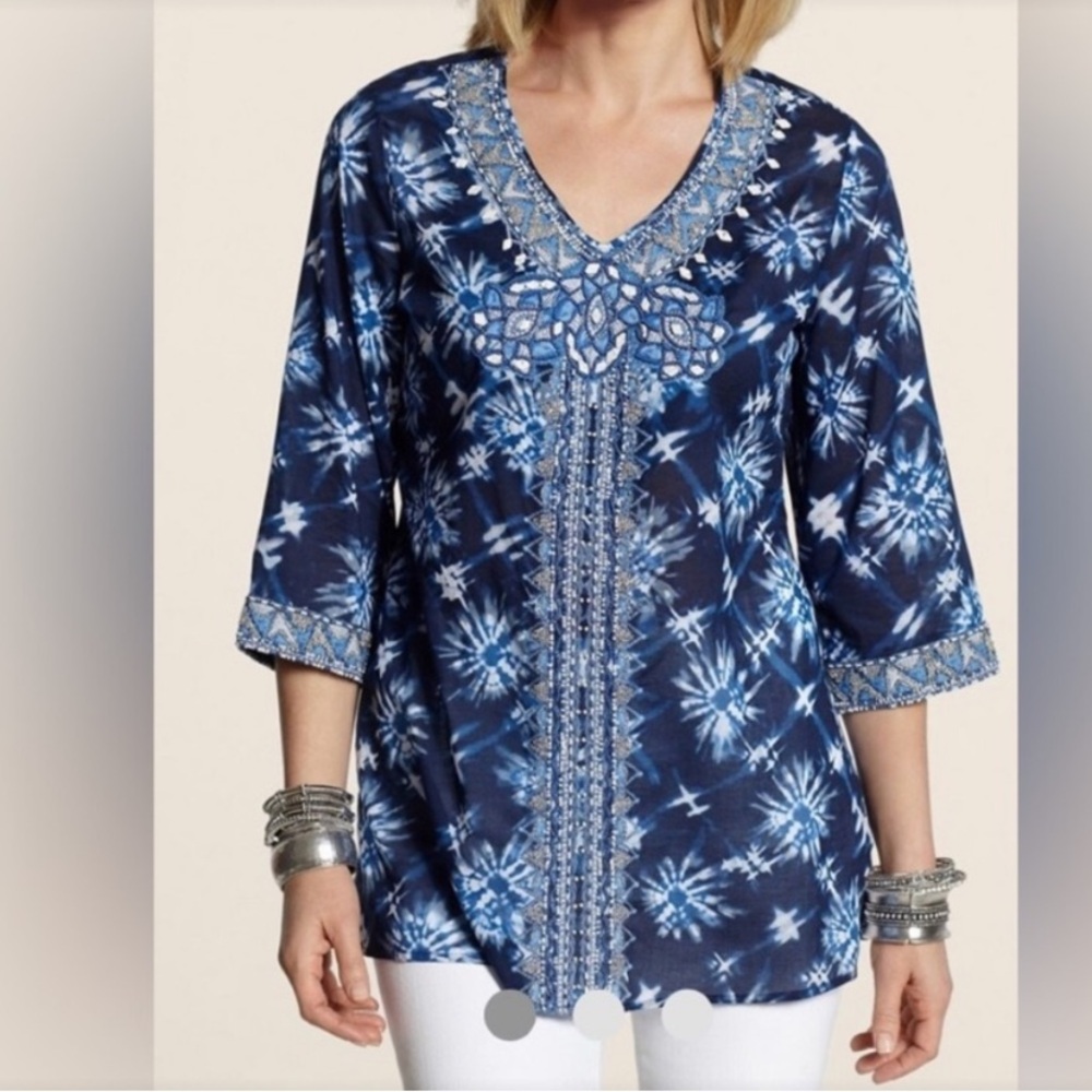 Chico’s Special Edition Blouse Top Marvelous Motif Maddie Blue Beaded Sz Large